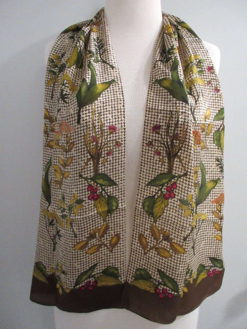 Echo Silk Scarf Floral & Houndstooth Brown Made in Japan Rectagnle 10.5" x 52"